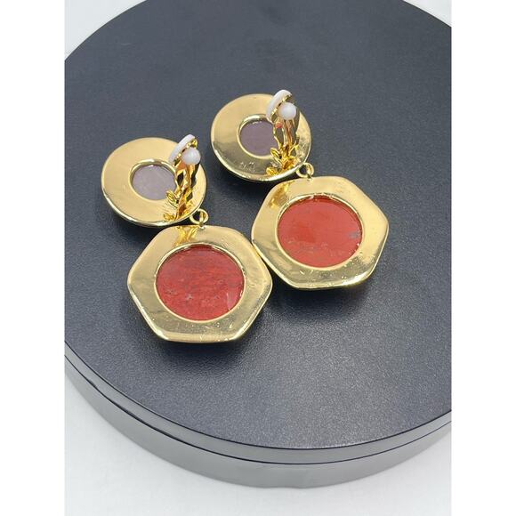 Lele Sadoughi Geo Bezel Red Harvest Jewel Drop Gold Plated Clip Runway Earring - Picture 15 of 16